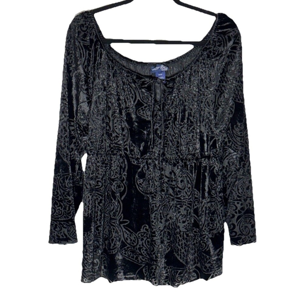 Venezia Burnout Black Velvet Top Size 18/20 1X Plus Vintage 90s Y2K Peasant Goth
